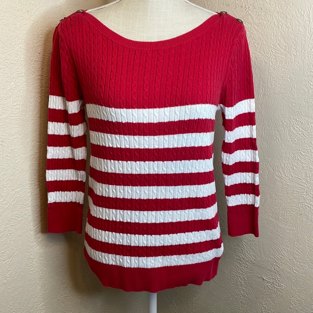 Jeanne Pierre Red & White Striped Cable Knit 100% Cotton Sweater